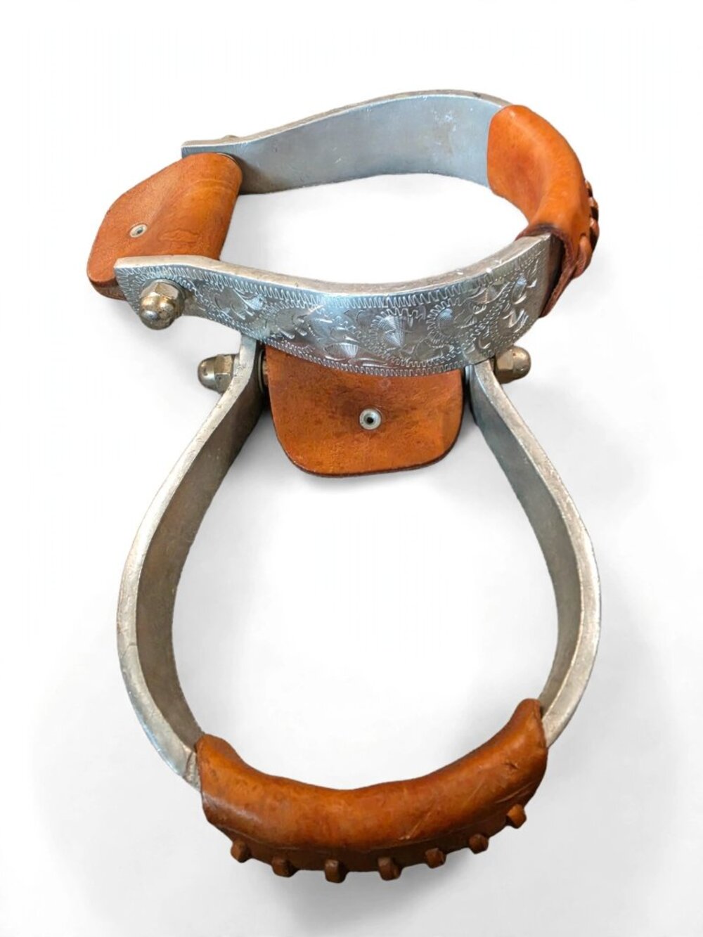 Vintage Engraved Aluminum Western Horse Stirrups Leather Treads Pair